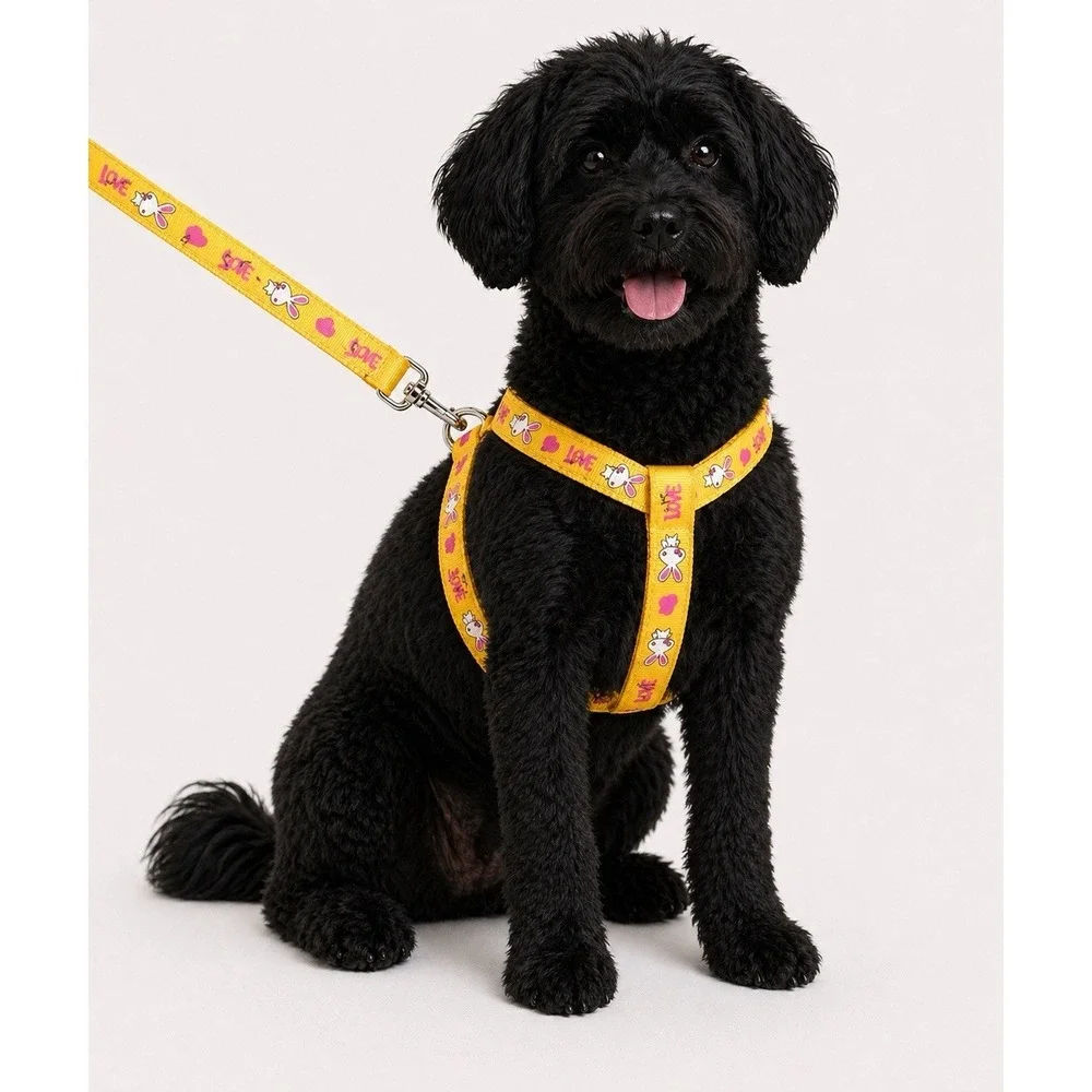 Dog Harness & Leash Set Adjustable Small / Medium Dogs Yellow Bunny Print NEW